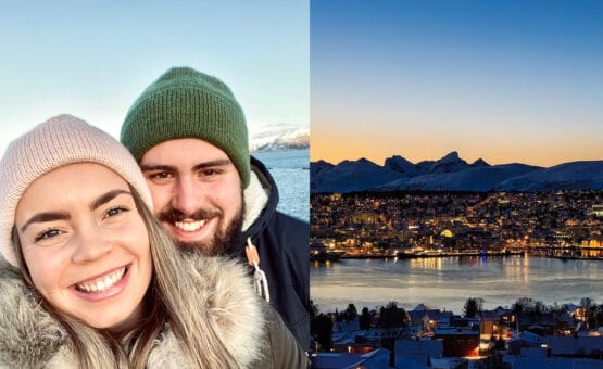 Sunniva og Tobias med Tromsø by i bakgrunnen
